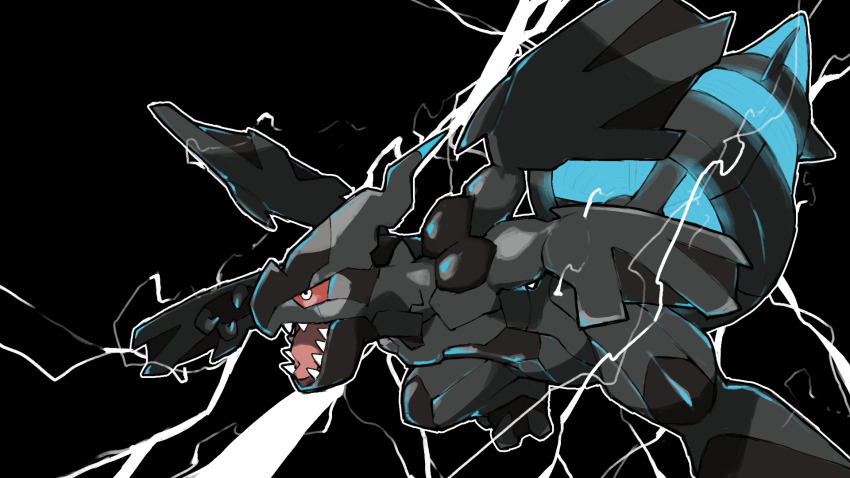 black_background blacknirrow colored_sclera commentary electricity english_commentary gen_5_pokemon highres legendary_pokemon nintendo no_humans open_mouth pokemon pokemon_(creature) red_sclera sharp_teeth teeth white_eyes wings zekrom