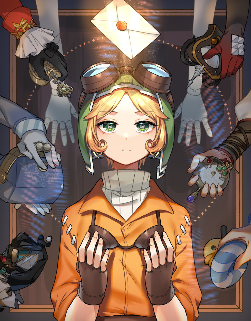 1girl bag black_background black_gloves blonde_hair brown_gloves closed_mouth controller cross-shaped_pupils fingerless_gloves fingernails frilled_sleeves frills gloves goggles goggles_around_neck goggles_on_head gradient_gloves green_eyes green_headwear handbag helmet highres holding holding_bag holding_remote_control identity_v innertube jumpsuit letter long_sleeves looking_at_viewer mechanical_arms orange_jumpsuit out_of_frame outside_border parted_bangs red_gloves remote_control rubber_duck sansai_toritori short_hair sleeve_cuffs solo_focus straight-on sweater swim_ring symbol-shaped_pupils tracy_reznik tracy_reznik_(dormant_koi) tracy_reznik_(just_around_the_corner) tracy_reznik_(lockheart) tracy_reznik_(puppeteer) tracy_reznik_(re-swim) tracy_reznik_(red_riding_hood) turtleneck turtleneck_sweater wax_seal white_gloves white_sweater