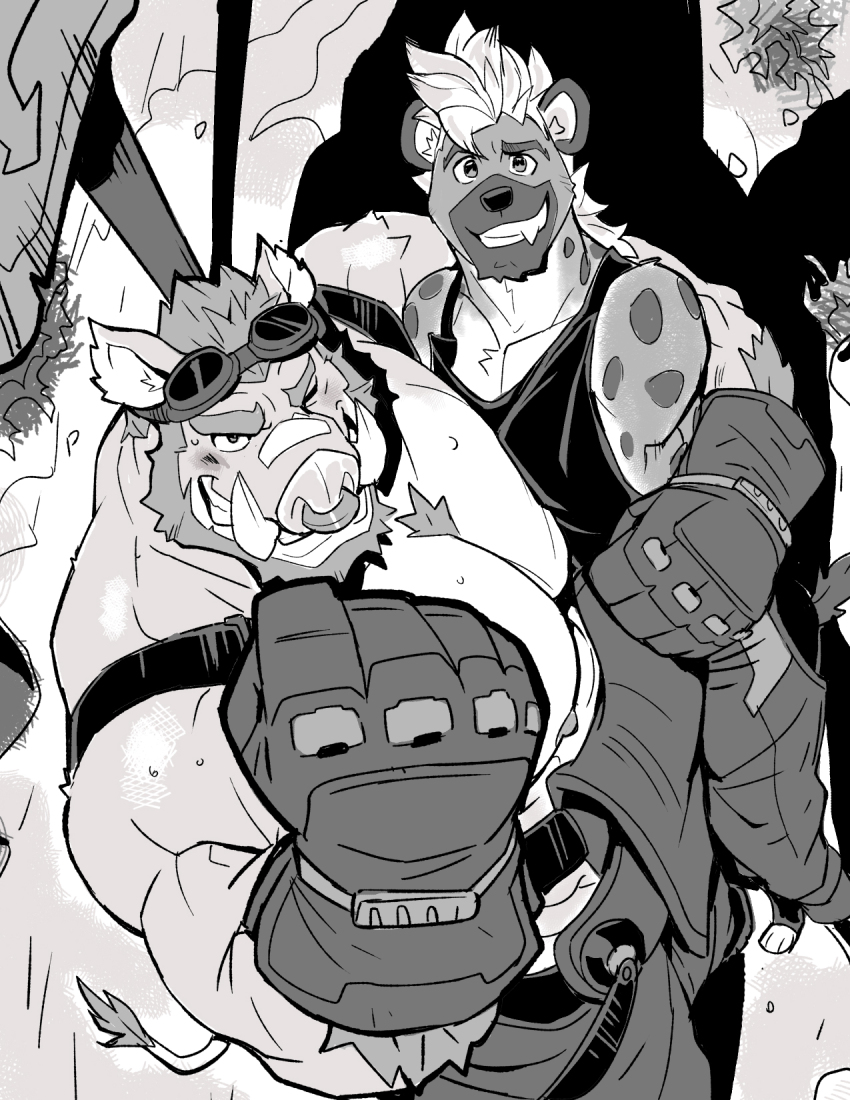 2boys animal_ears bandaid bandaid_on_face bandaid_on_nose bara beard black_tank_top boar_boy boar_ears boar_tail broad_shoulders chest_tuft chinstrap_beard face_piercing facial_hair fang from_above furry furry_male gloves goggles goggles_on_head greyscale grin highres huge_pectorals hyena_boy hyena_ears male_focus monochrome multiple_boys muscular muscular_male nipples nose_piercing nose_ring original overalls piercing saltypoundcake size_difference smile sweat tank_top thick_arms thick_eyebrows tusks