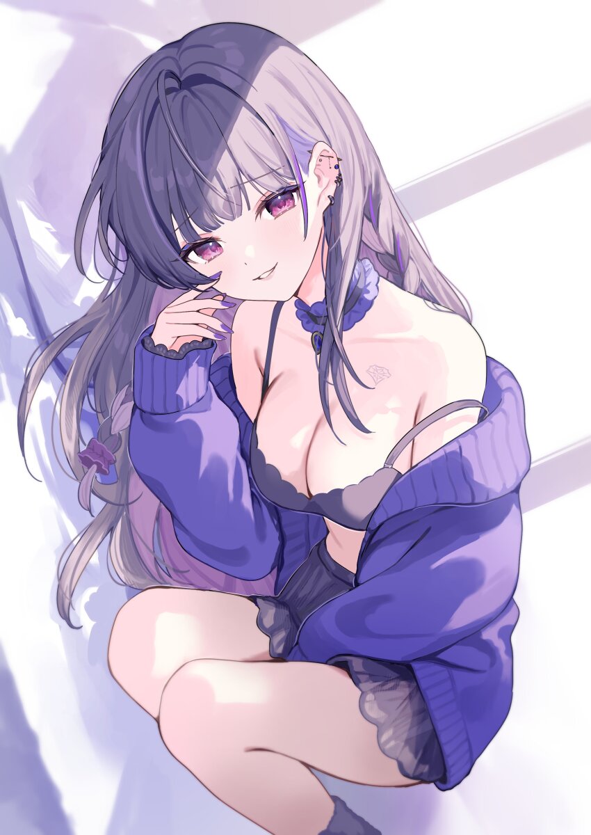 1girl absurdres bra braid breasts cardigan chest_tattoo choker ear_piercing earrings eyeshadow frilled_choker frills hair_ornament hair_scrunchie hell_fuuna highres jewelry light_smile looking_at_viewer makeup medium_breasts meloco_kyoran multicolored_hair multiple_earrings nail_polish nijisanji nijisanji_en piercing pink_eyes pink_eyeshadow purple_bra purple_cardigan purple_eyeshadow purple_hair purple_nails purple_socks scrunchie side_braids socks spider_web_tattoo split-color_hair streaked_hair tattoo underwear