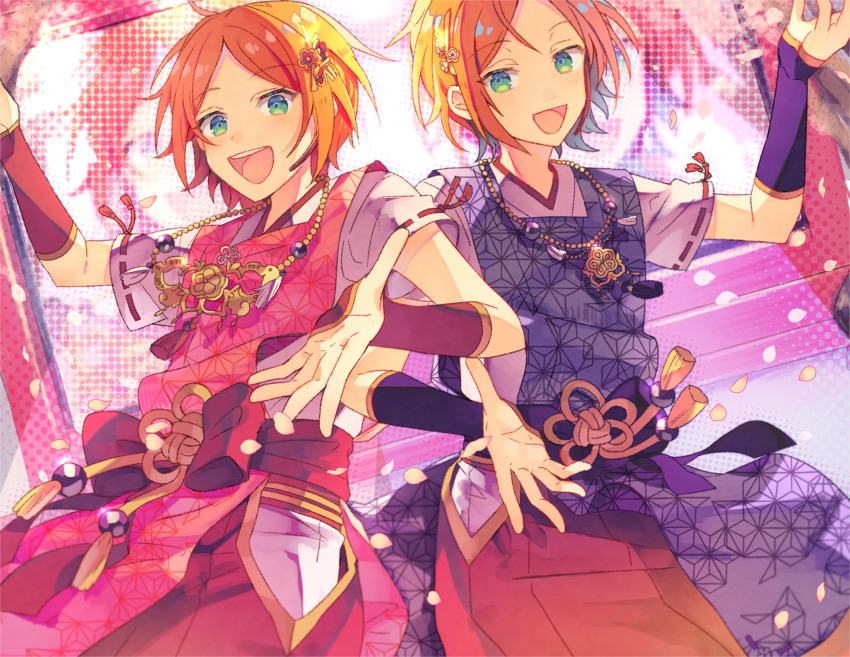 2boys aoi_hinata aoi_yuta brothers ensemble_stars! eyelashes green_eyes hair_ornament highres idol japanese_clothes jewelry looking_at_viewer male_focus multiple_boys nagatsukiariake necklace open_mouth orange_hair outstretched_arms petals ribbon-trimmed_sleeves ribbon_trim short_hair siblings tassel twins