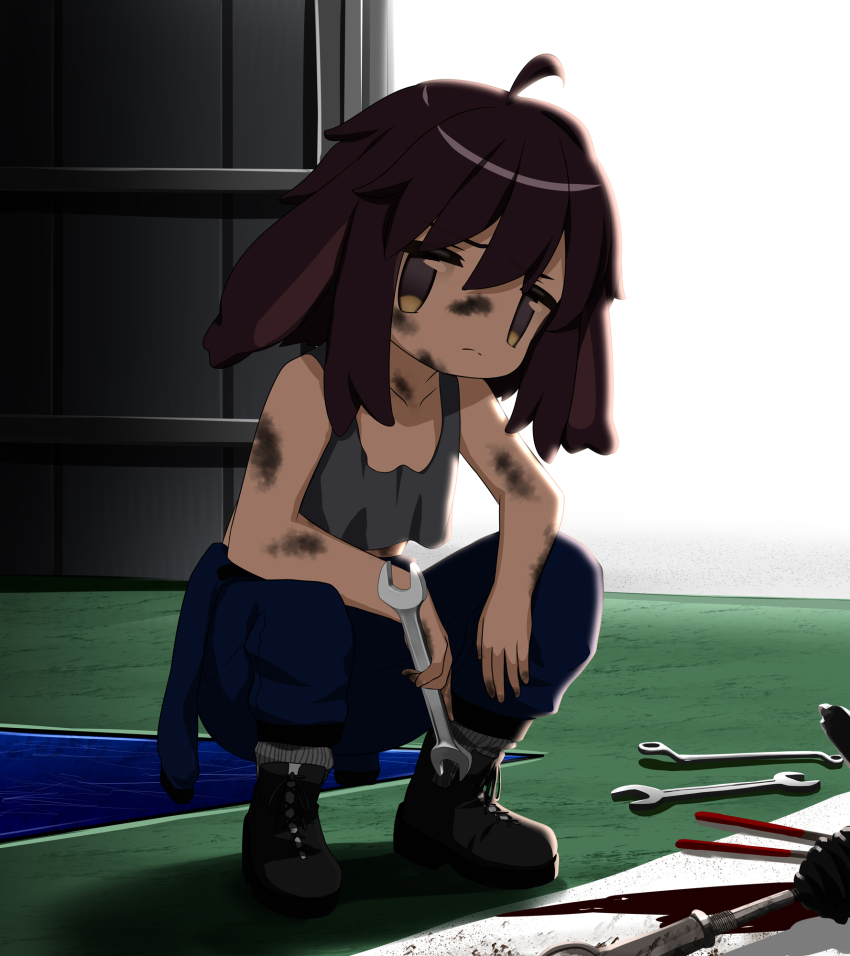 1girl 1other ahoge animal_ears ankle_boots bare_arms bare_shoulders black_shoes blue_pants boots brown_eyes brown_hair closed_mouth collarbone crop_top dirty dirty_clothes dirty_face floppy_ears frown full_body grey_shirt grey_tank_top hammer highres holding holding_wrench indoors jumpsuit looking_at_viewer mechanic medium_hair overalls pants rabbit_ears shirt shoes socks solo squatting suzuki-shi tank_top usasaki_(vrchat) vrchat wrench