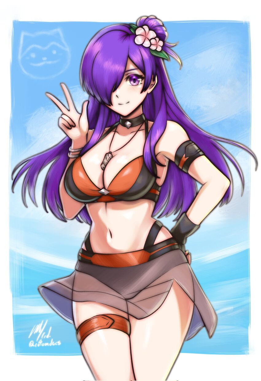 1girl bikini black_bikini breasts choker cleavage female_shez_(fire_emblem) female_shez_(summer)_(fire_emblem) fire_emblem fire_emblem:_three_houses fire_emblem_engage fire_emblem_heroes fire_emblem_warriors:_three_hopes flower hair_flower hair_ornament hair_over_one_eye halterneck hand_on_own_hip highres large_breasts looking_at_viewer navel nintendo purple_eyes purple_hair rotomdocs see-through_clothes see-through_skirt skirt smile solo sommie_(fire_emblem) swimsuit thigh_strap v