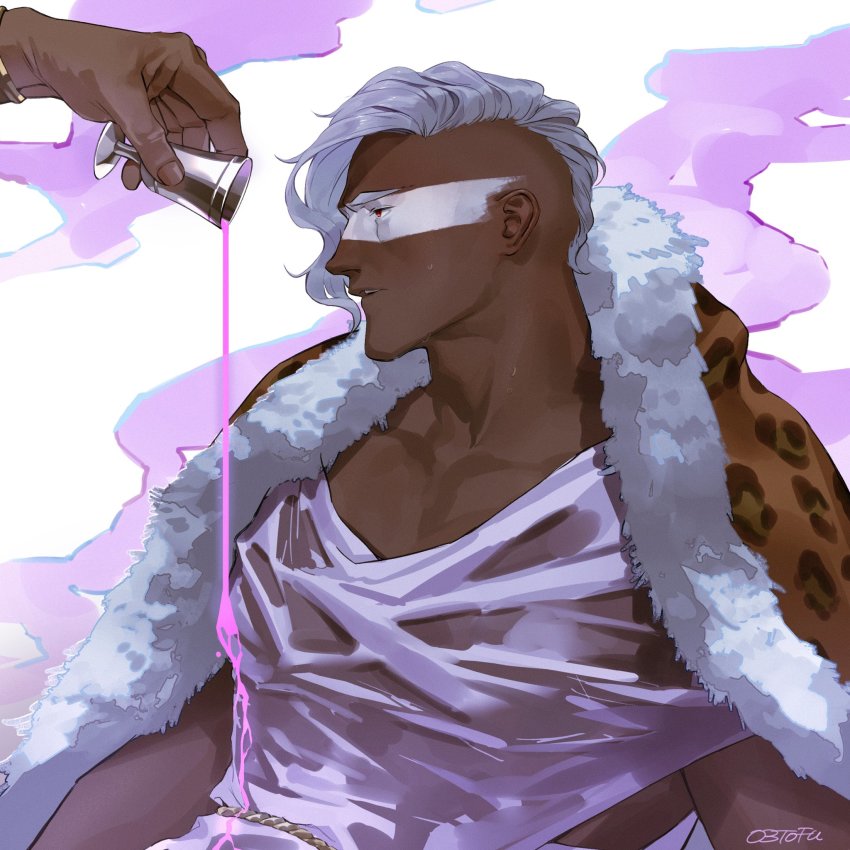 1boy ares ares_(hades) artist_name bara belt cup dark-skinned_male dark_skin dripping fog hades_(series) hades_1 highres jacket looking_to_the_side male_focus muscular muscular_male o3tofu paint paint_on_body pectoral_cleavage pectorals pink_liquid red_eyes see-through_clothes see-through_shirt silver_hair toga upper_body wet wet_clothes