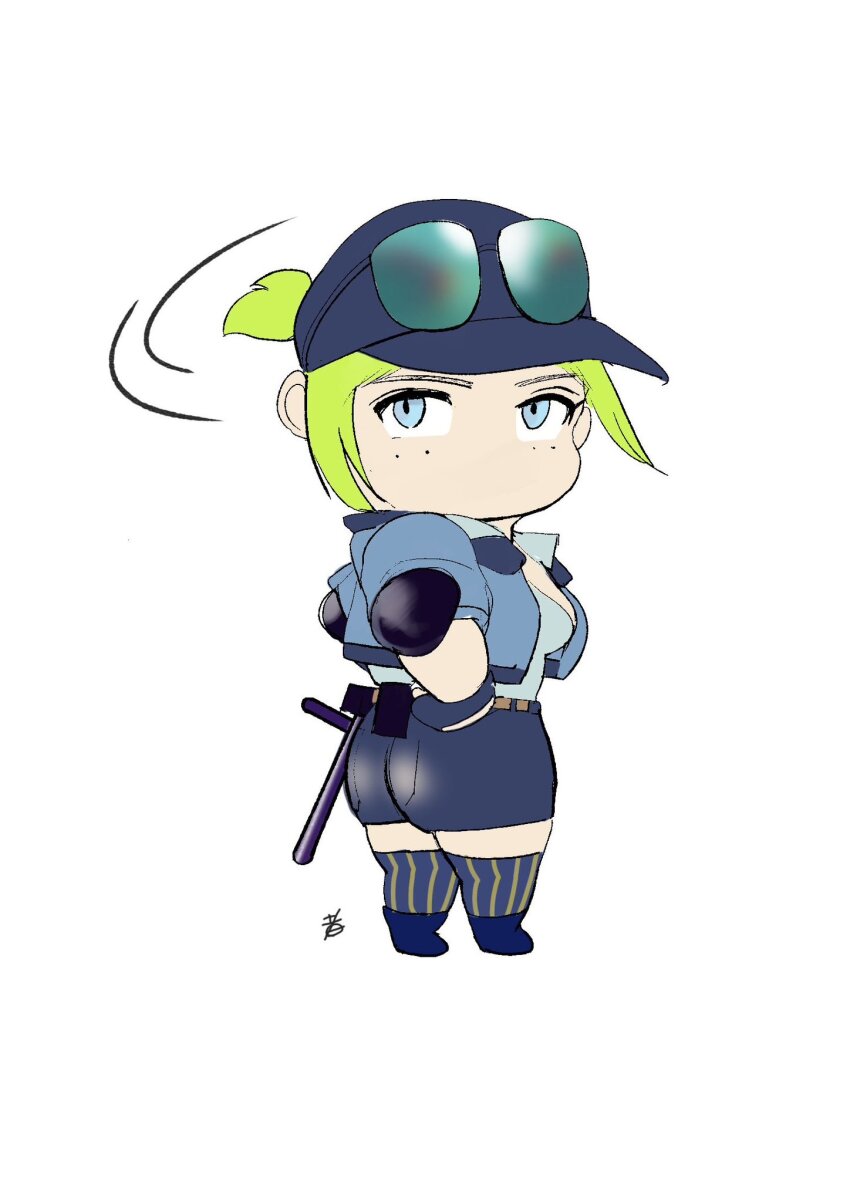 1girl ass baton_(weapon) blonde_hair blue_eyes breasts capcom chibi elbow_pads final_fight final_fight_3 hands_on_own_hips hat highres hiroshi_mono lucia_morgan medium_breasts police police_uniform policewoman ponytail shorts sidelocks solo street_fighter street_fighter_v striped_clothes striped_thighhighs sunglasses sunglasses_on_head thick_thighs thighhighs thighs weapon