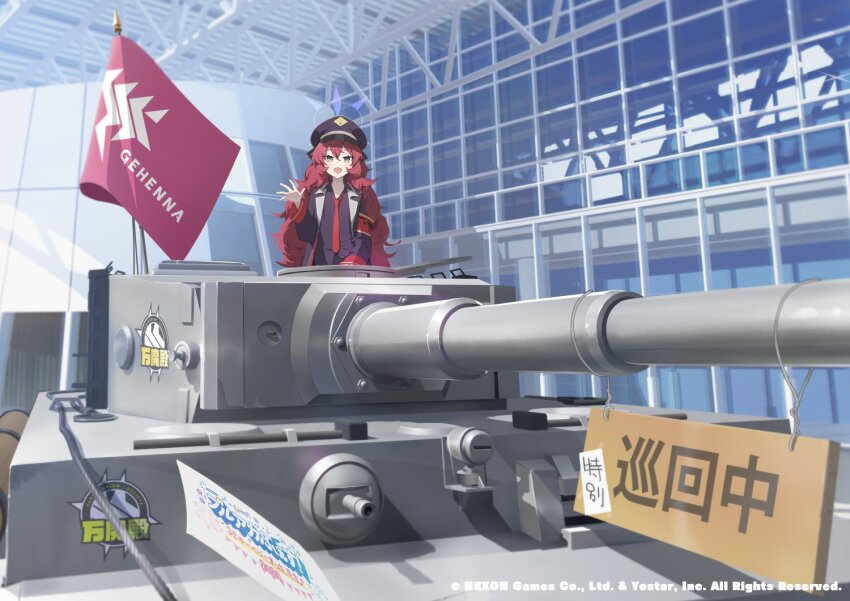 1girl akinashi_yuu black_shirt blue_archive english_text flag hat iroha_(blue_archive) japanese_text long_hair military_vehicle motor_vehicle school_uniform shirt solo tank twitter very_long_hair