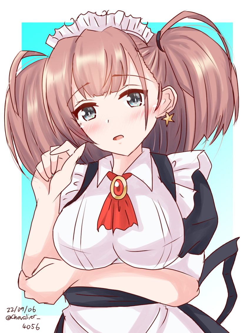 1girl alternate_costume apron ascot atlanta_(kancolle) black_dress breasts brown_hair commentary_request dress earrings enmaided frilled_apron frills grey_eyes highres jewelry kantai_collection large_breasts long_hair maid maid_headdress one-hour_drawing_challenge red_ascot sawatani_(chevalier_04056) solo star_(symbol) star_earrings two_side_up upper_body white_apron