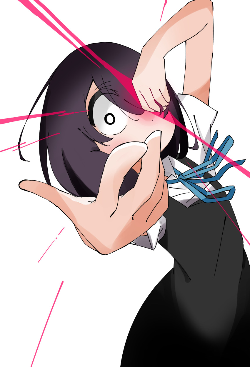 1girl absurdres arm_up black_dress black_hair blue_ribbon dress hair_over_one_eye highres jijou_wo_shiranai_tenkousei_ga_guigui_kuru. kawamura_taku medium_hair nishimura_akane outstretched_arm ribbon shirt solo white_eyes white_shirt