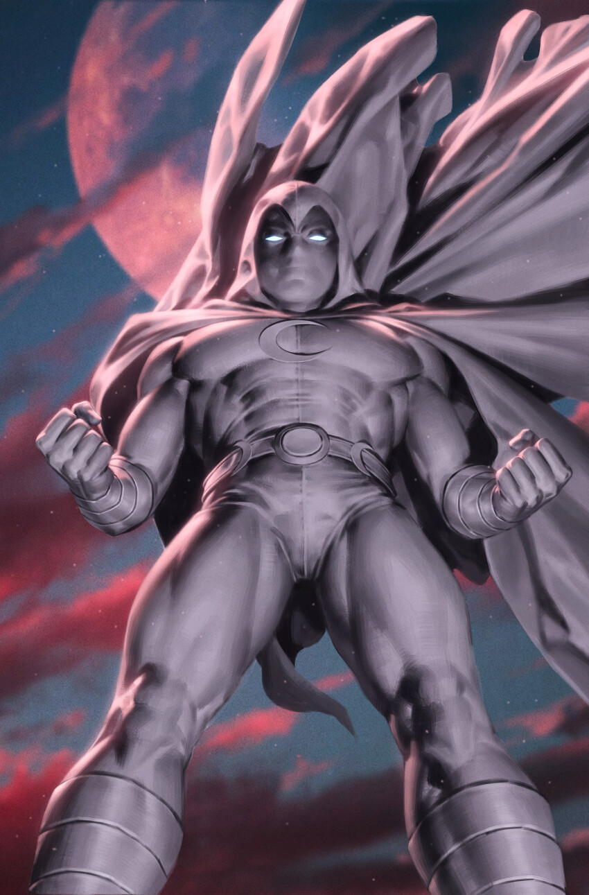 1boy belt bodysuit boots cape clenched_hands cloud full_moon gloves highres hood hooded_cape looking_at_viewer marvel moon moon_knight outdoors solo standing white_belt white_bodysuit white_boots white_cape white_gloves white_hood white_mask yoon_junggeun