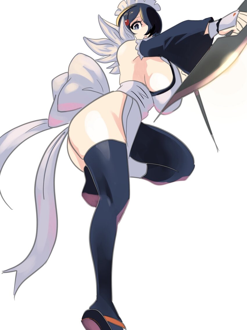 1girl :o apron ass bandages_over_clothes black_hair black_thighhighs blue_eyes blush breasts butterfly_swords choker cleavage curvy flipped_hair frilled_leotard frills hair_ornament highleg highleg_leotard highres huge_ass huge_breasts iroha_(samurai_spirits) japanese_clothes jumping lace-trimmed_apron lace_trim large_breasts leotard leotard_under_clothes looking_at_viewer maid maid_headdress maid_leotard meke_(77842928) multiple_swords open_mouth revealing_clothes samurai_spirits shiny_skin short_hair sideboob smile snk solo thighhighs thighs toeless_legwear unconventional_maid weapon wide_hips