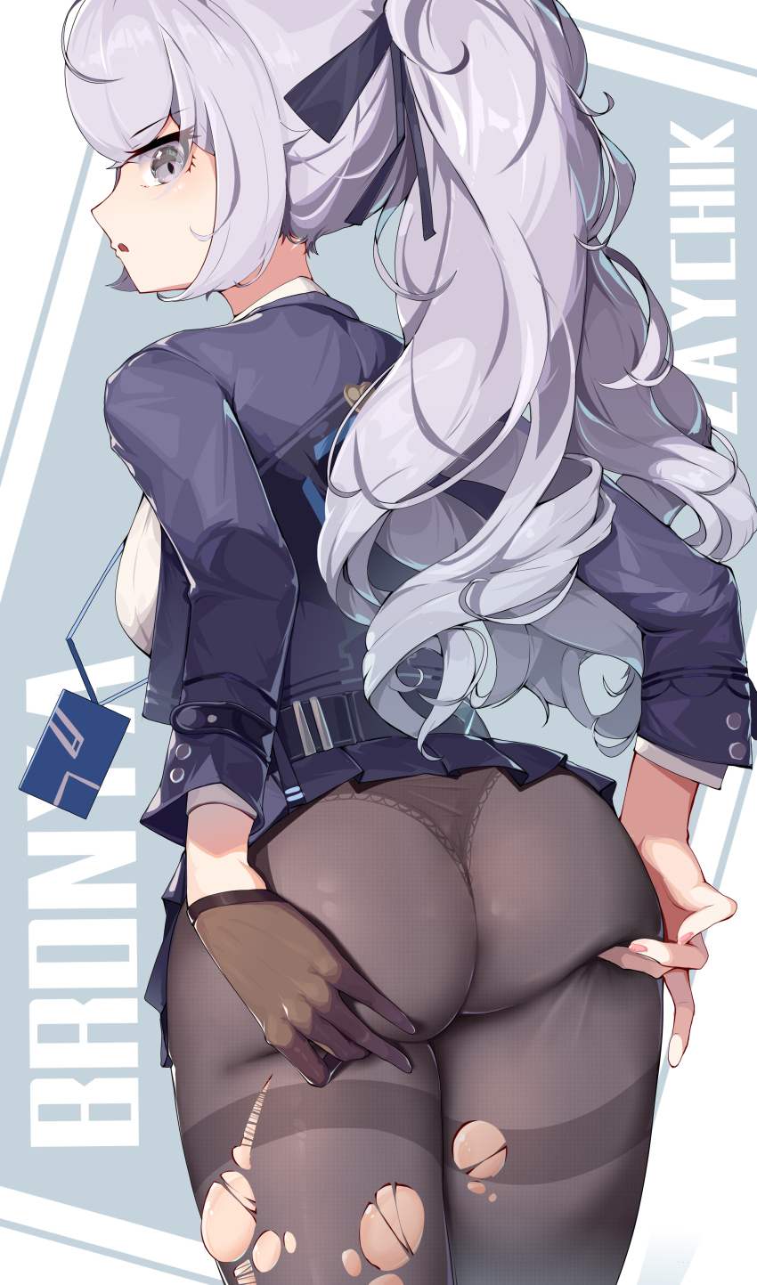 1girl absurdres ass black_gloves black_panties black_pantyhose black_ribbon blue_jacket breasts bronya_zaychik bronya_zaychik_(outstanding_attitude) bronya_zaychik_(silverwing:_n-ex) character_name chinese_commentary commentary_request cowboy_shot from_behind gloves grey_eyes grey_hair hair_ribbon hands_on_own_ass highres honkai_(series) honkai_impact_3rd id_card jacket lanyard large_breasts looking_back panties panties_under_pantyhose pantyhose parted_lips ponytail ribbon shirt single_glove solo thighband_pantyhose torn_clothes torn_pantyhose underwear white_shirt xg_epee