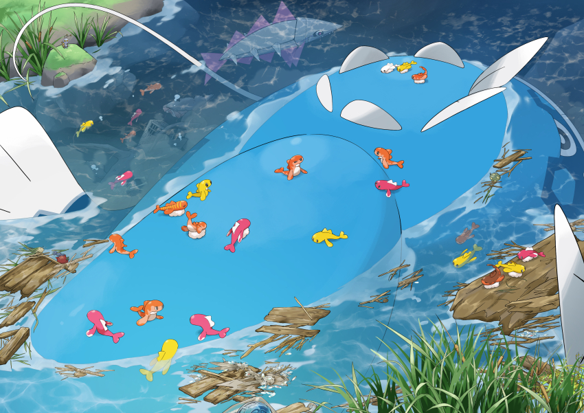 absurdres commentary_request day dondozo fish gimmighoul gimmighoul_(roaming) glassy0302 highres moss nintendo no_humans outdoors pokemon pokemon_(creature) reeds riding riding_pokemon tatsugiri veluza water