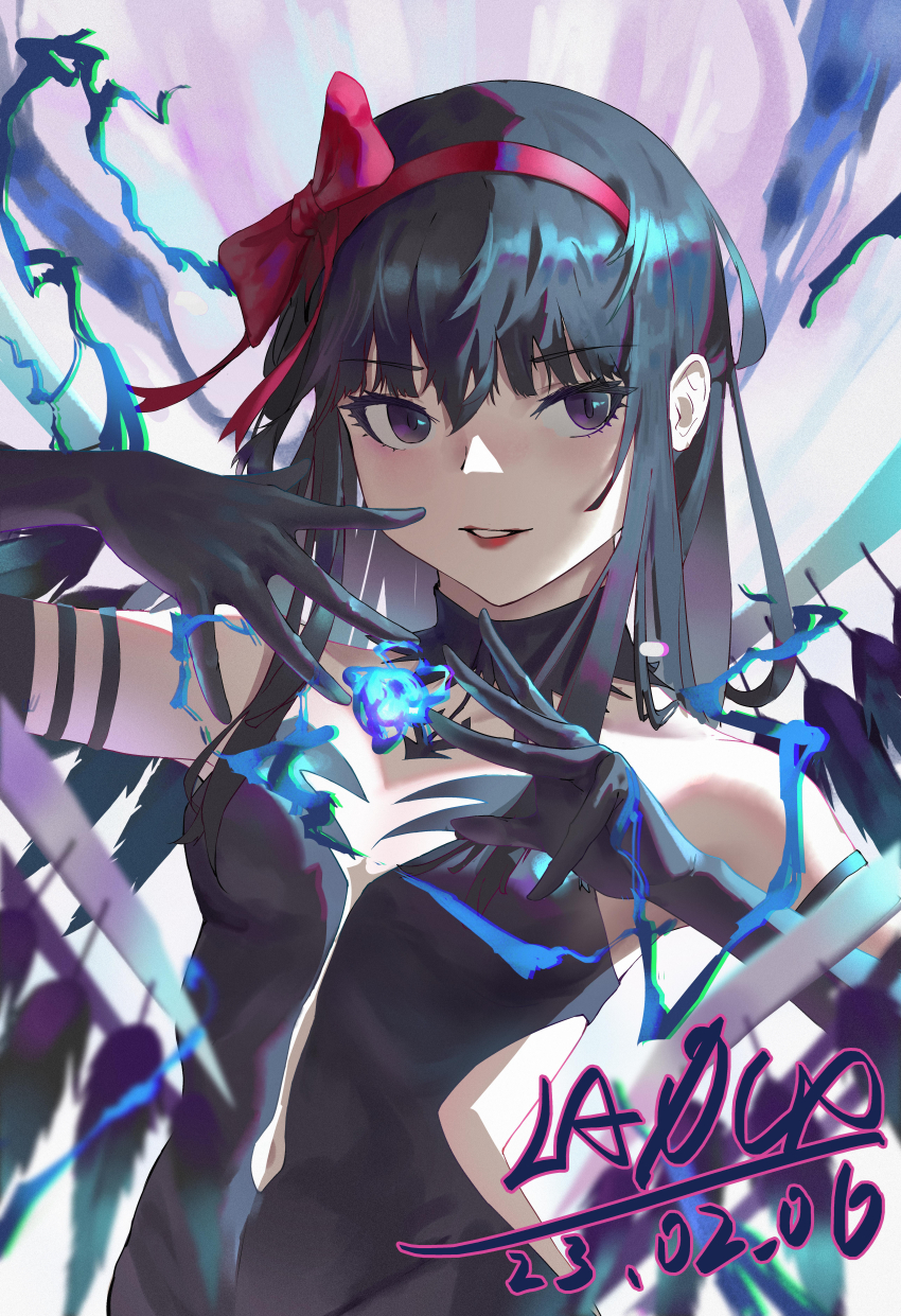 1girl absurdres akemi_homura akuma_homura bare_shoulders black_dress black_feathers black_gloves black_hair bow bow_hairband breasts dated dress elbow_gloves energy feathers gloves hairband hands_up highres laocome long_hair looking_at_viewer mahou_shoujo_madoka_magica mahou_shoujo_madoka_magica:_hangyaku_no_monogatari mahou_shoujo_madoka_magica_(anime) parted_lips purple_eyes red_bow signature small_breasts solo upper_body wings