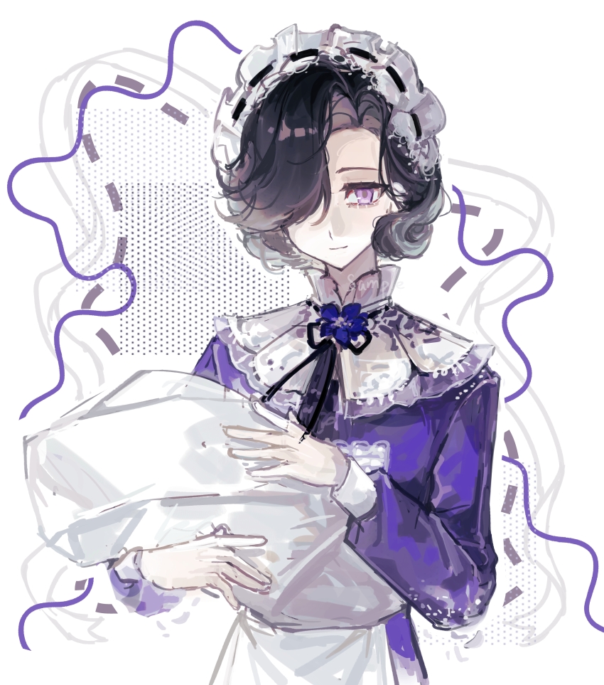 1girl absurdres apron black_hair black_ribbon blanket dress flower hair_over_one_eye hands_up highres holding holding_blanket long_sleeves maid maid_headdress neck_flower neck_ribbon purple_dress purple_eyes purple_flower reverse:1999 ribbon sangyu-feiwan short_hair smile solo swaddled tuesday_(reverse:1999) upper_body white_apron white_background