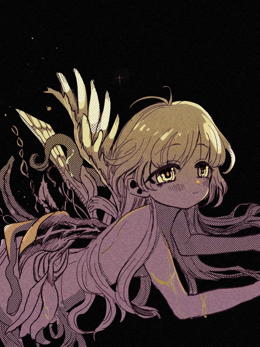 1girl asymmetrical_wings black_background body_horror breasts completely_nude feathered_wings highres long_hair marihico mismatched_wings monochrome nude plant_wings sayonara_wo_oshiete simple_background small_breasts smile solo sugamo_mutsuki tendril wings