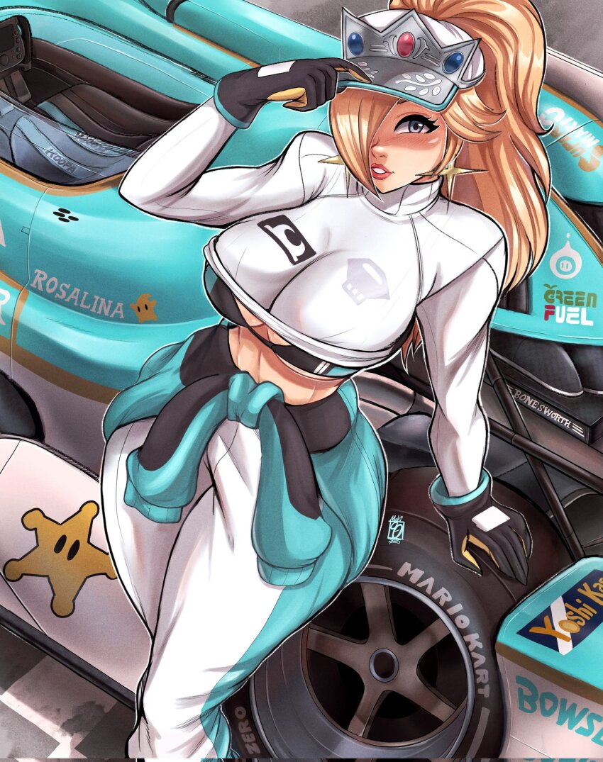 1girl adjusting_clothes adjusting_headwear arm_support arm_up black_bra black_gloves blonde_hair blue_eyes blue_jacket blue_trim bra brand_name_imitation breasts character_name cleavage clothes_around_waist clothes_pull commentary english_commentary feet_out_of_frame female_focus from_above gloves grin hat highres jacket jacket_around_waist leaning_back logo long_hair long_sleeves looking_at_viewer luma_(mario) makinidraws mario_(series) mario_kart mario_kart_world midriff motor_vehicle narrow_waist nintendo official_alternate_costume outdoors pants ponytail red_lips rosalina rosalina_(pro_racer) shirt shirt_pull smile solo standing star_(symbol) tiara underwear visor_cap white_hat white_pants white_shirt yellow_trim