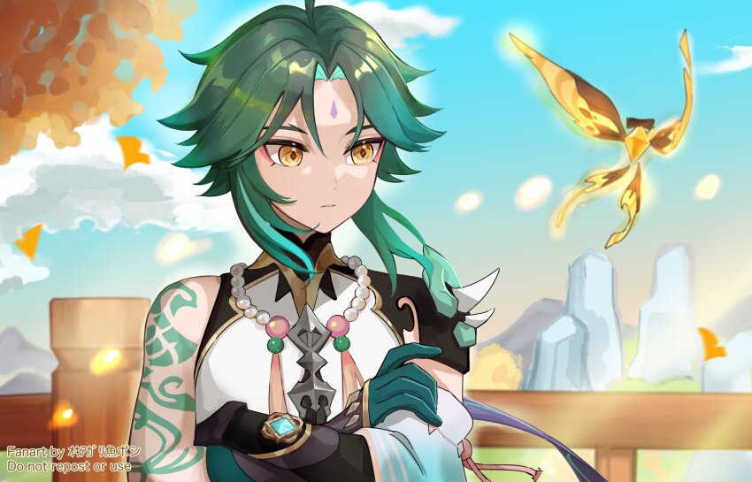 1boy aqua_gloves aqua_hair arm_tattoo bead_necklace beads black_gloves black_hair closed_mouth crystalfly_(genshin_impact) facial_mark forehead_mark genshin_impact gloves green_hair highres jewelry male_focus multicolored_hair necklace okkobc shirt short_hair solo tassel tattoo vision_(genshin_impact) white_shirt xiao_(genshin_impact) yellow_eyes