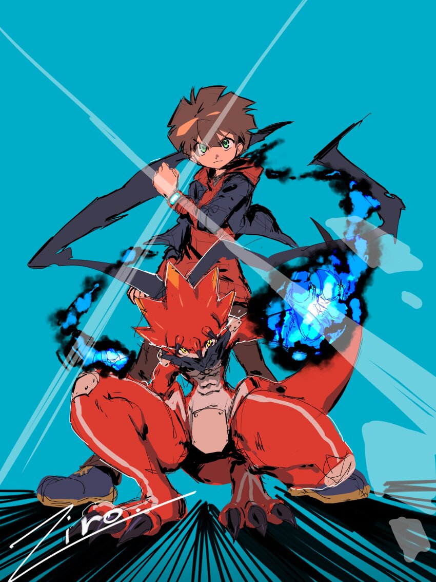 2boys absurdres amanokawa_hiro betelgammamon blue_background blue_fire brown_hair colored_skin digimon digimon_(creature) digimon_ghost_game dragon fire full_body green_eyes highres horns male_focus multiple_boys red_scales red_skin simple_background standing yellow_eyes ziro_illust