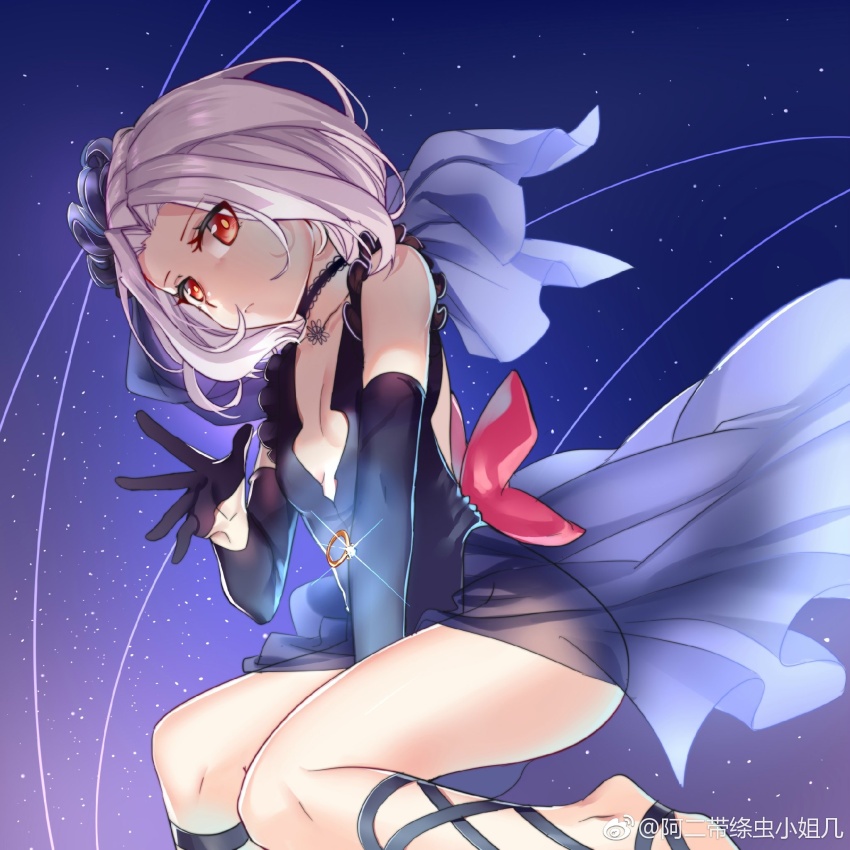 1girl aer_(tengqiu) alternate_costume barefoot black_dress black_gloves breasts choker dress elbow_gloves flower gloves hair_flower hair_ornament hair_slicked_back highres looking_at_viewer red_eyes short_hair small_breasts solo vittorio_veneto_(warship_girls_r) warship_girls_r watermark weibo_watermark white_hair
