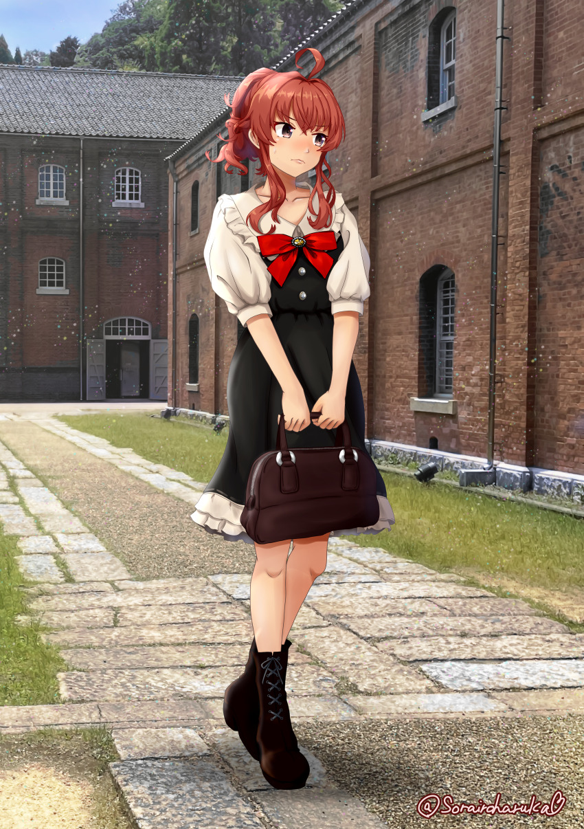 1girl absurdres ahoge alternate_costume alternate_hairstyle arashi_(kancolle) bag black_boots black_dress blue_sky boots brown_eyes cloud commentary_request commission day dress full_body handbag highres kantai_collection lace-up_boots looking_to_the_side maizuru_(city) outdoors photo_background ponytail red_hair shirt sidelocks skeb_commission sky solo sorairo_haruka white_shirt