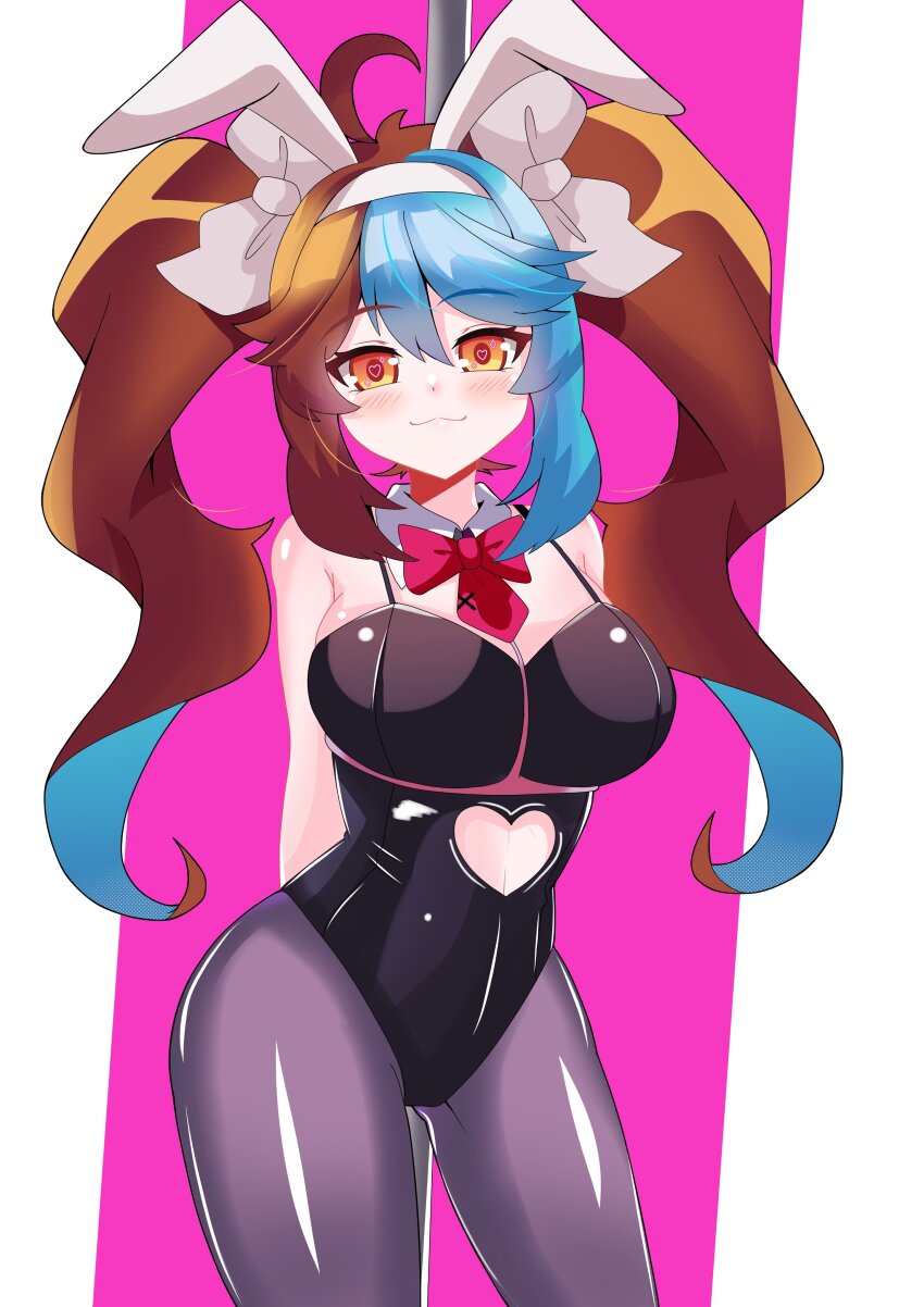 1girl :3 absurdres alternate_costume alternate_hairstyle animal_ears arms_behind_back bare_shoulders black_leotard black_pantyhose blue_hair blush bow bowtie breasts brown_hair cleavage collar cowboy_shot detached_collar dot_nose eyebrows eyelashes fake_animal_ears female_focus hair_bow heart heart-shaped_pupils highres indie_virtual_youtuber keirame_(vtuber) kimura_tao large_breasts leotard long_hair looking_at_viewer multicolored_hair naughty_face pantyhose playboy_bunny pole_dancing purple_background rabbit_ears red_bow red_bowtie simple_background solo standing symbol-shaped_pupils twintails two-tone_background two-tone_hair virtual_youtuber white_background white_bow white_collar yellow_eyes