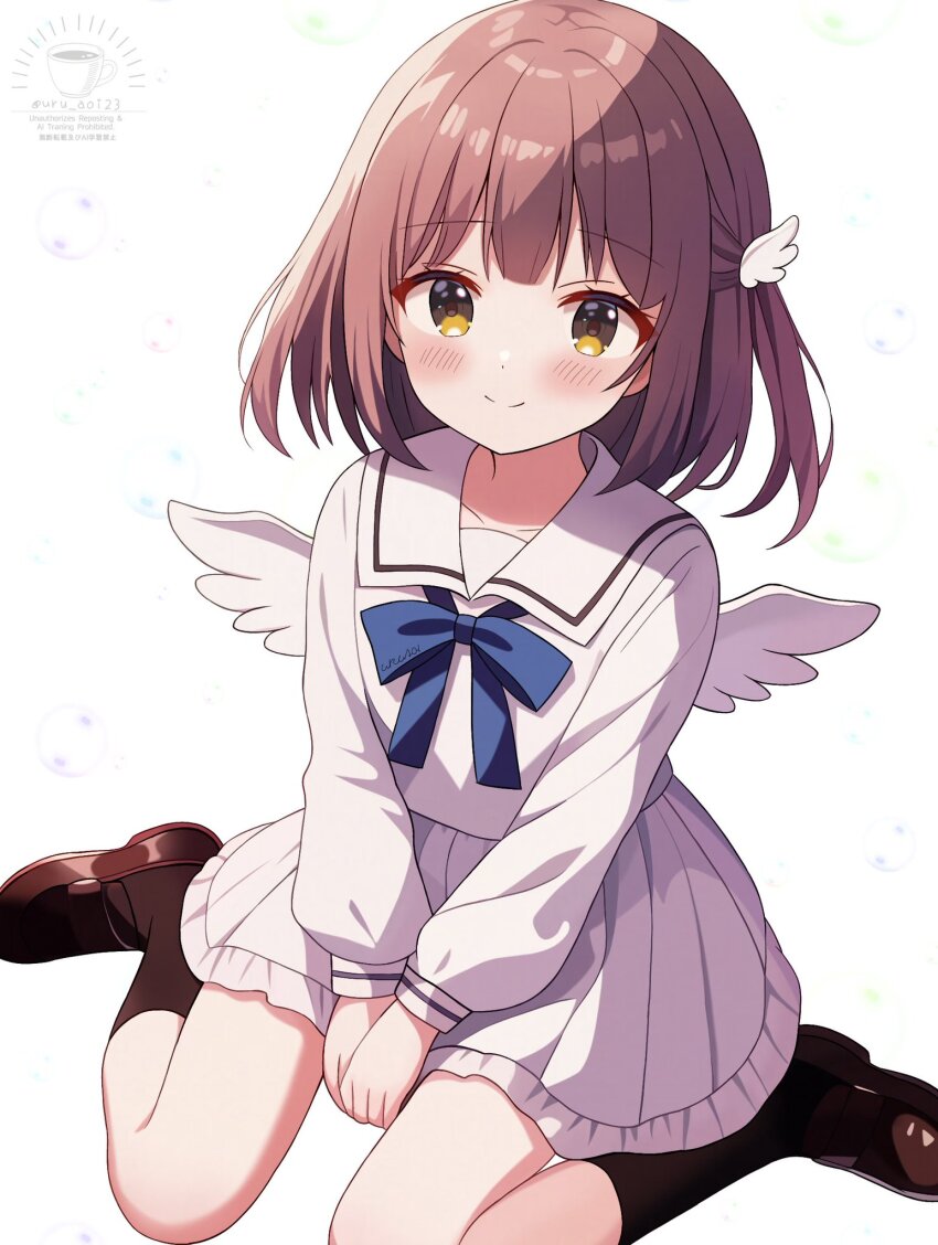 1girl angel angel_wings arms_between_legs black_socks blue_bow blue_bowtie blush bow bowtie brown_eyes brown_hair closed_mouth commentary_request full_body hair_ornament highres kneehighs long_sleeves looking_at_viewer original own_hands_together sailor_collar school_uniform shirt short_hair simple_background sitting skirt smile socks solo uru_aoi23 v_arms wariza watermark white_background white_sailor_collar white_shirt white_skirt white_wings wing_hair_ornament wings