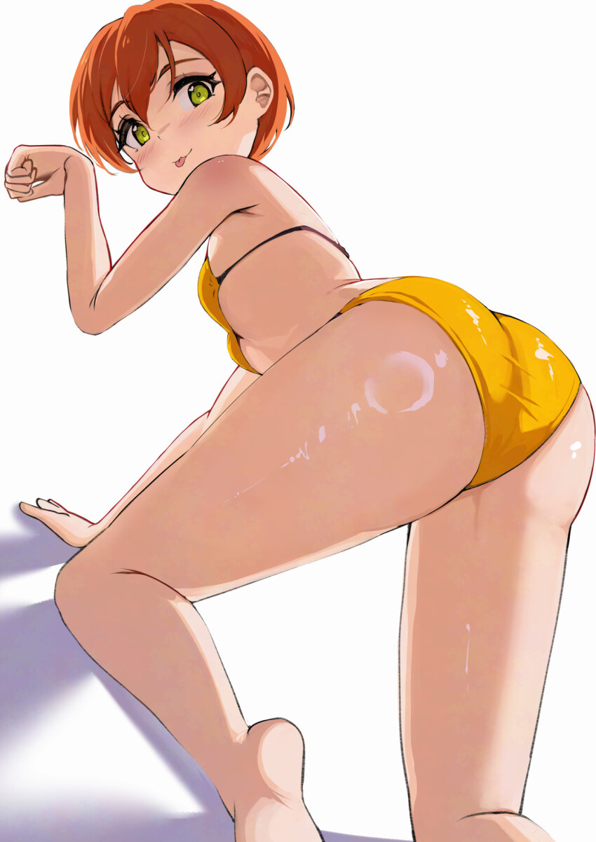 1girl :p ass bare_arms bare_legs bikini blush breasts brown_hair hair_between_eyes highres hoshizora_rin looking_at_viewer love_live! love_live!_school_idol_project paw_pose pisagi shadow short_hair sidelocks simple_background small_breasts smile solo swimsuit thighs tongue tongue_out white_background yellow_bikini yellow_eyes