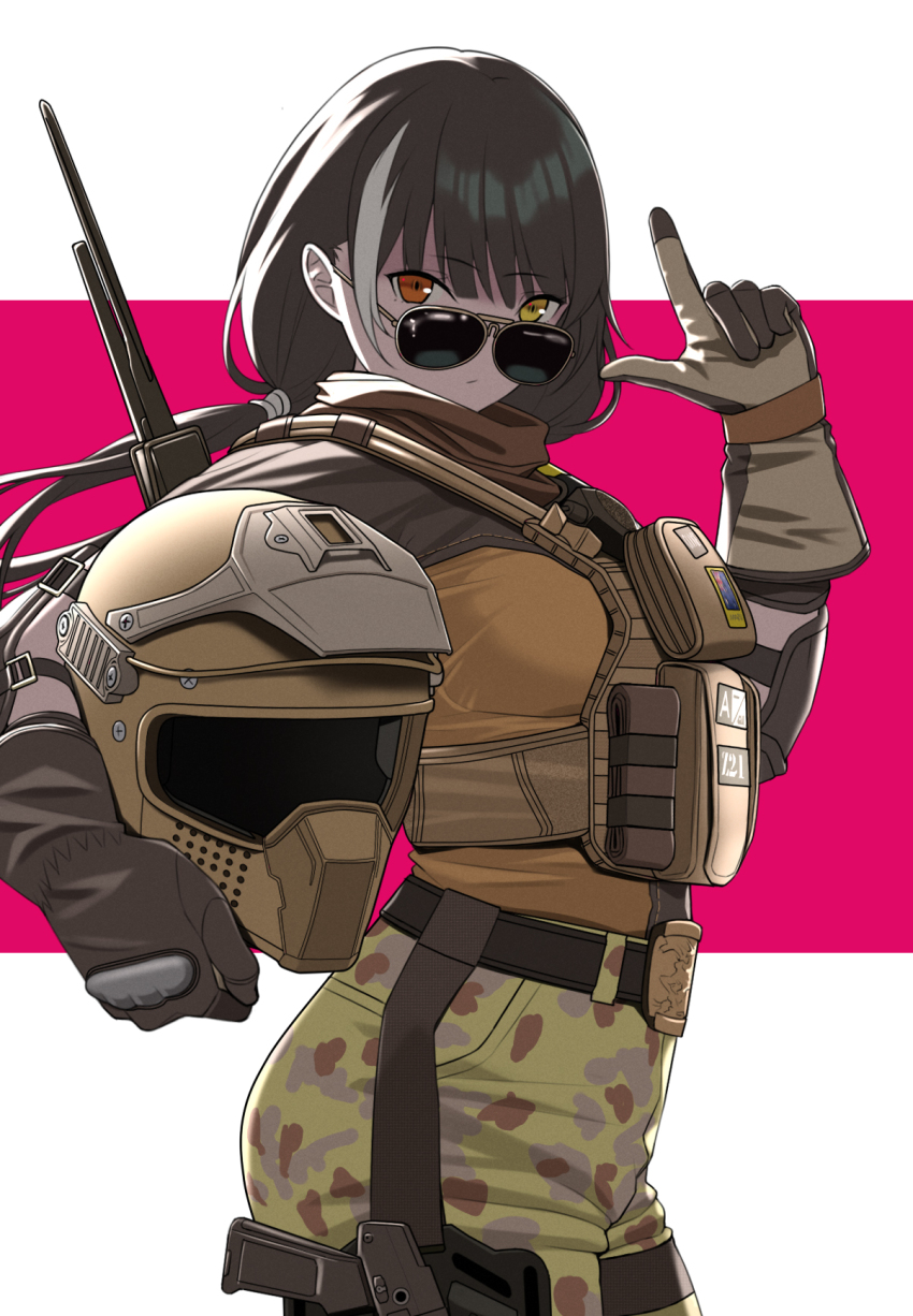 1girl australian_flag aviator_sunglasses belt biker black_hair bulletproof_vest camouflage camouflage_pants character_name commentary_request cosplay girls&#039;_frontline gloves gun hand_gesture helmet heterochromia highres index_finger_raised looking_at_viewer looking_over_eyewear looking_over_glasses military_combat_uniform military_uniform mozzie_(rainbow_six_siege) multicolored_hair pants photoshop_(medium) rainbow_six_siege red_eyes ro635_(girls&#039;_frontline) solo sunglasses tactical_clothes tinted_eyewear two-tone_hair unworn_headwear unworn_helmet weapon white_hair yellow_eyes yitiao_er-hua