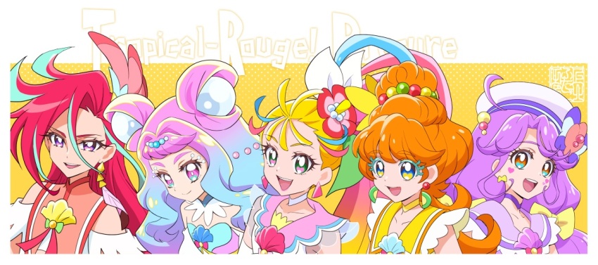 5girls :d aqua_hair artist_logo blonde_hair choker commentary_request copyright_name cure_coral cure_flamingo cure_la_mer cure_papaya cure_summer dress earrings eyelashes flower gradient_hair hair_flower hair_ornament happy ichinose_minori jewelry kamikita_futago laura_la_mer logo long_hair looking_at_viewer magical_girl multicolored_hair multiple_girls natsuumi_manatsu open_mouth orange_hair pink_hair ponytail precure purple_choker purple_hair smile streaked_hair suzumura_sango takizawa_asuka tropical-rouge!_precure two-tone_hair