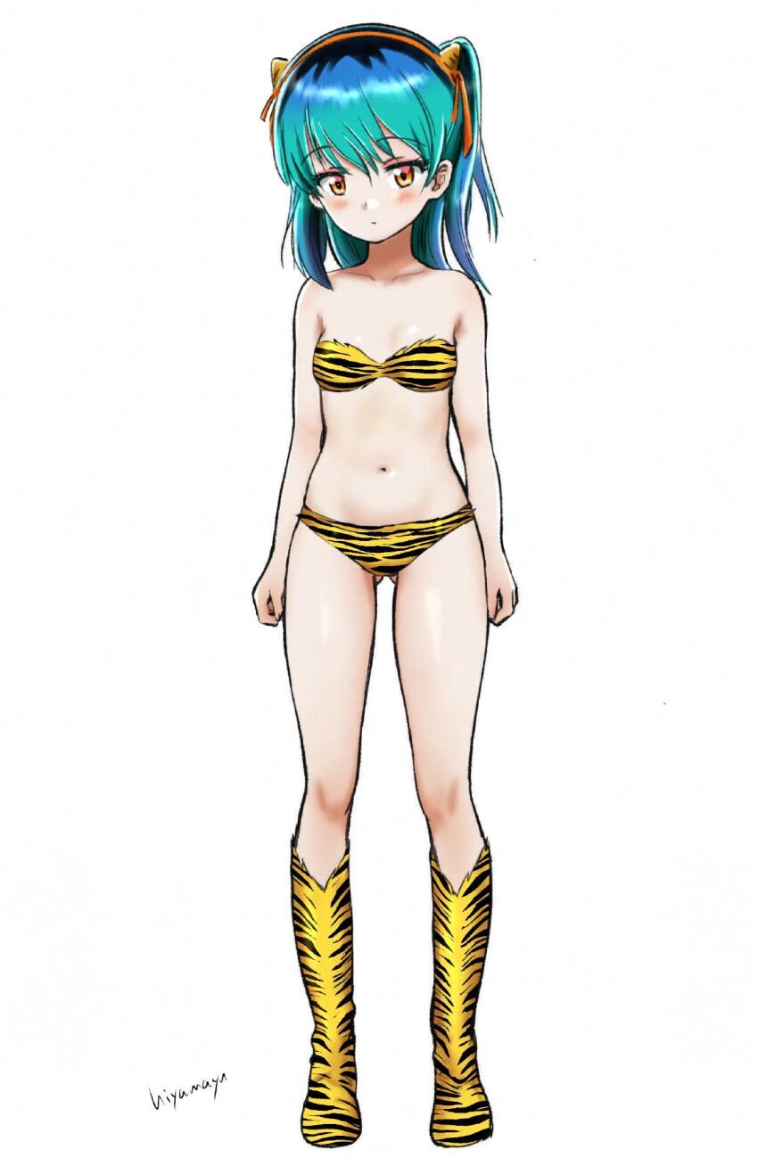 1girl animal_print bikini blush breasts cosplay full_body girls_und_panzer highres hiyama_yuu_(wee259hiyama) lum_(cosplay) medium_hair navel print_bikini shimada_arisu small_breasts solo standing swimsuit tiger_print tiger_stripes urusei_yatsura