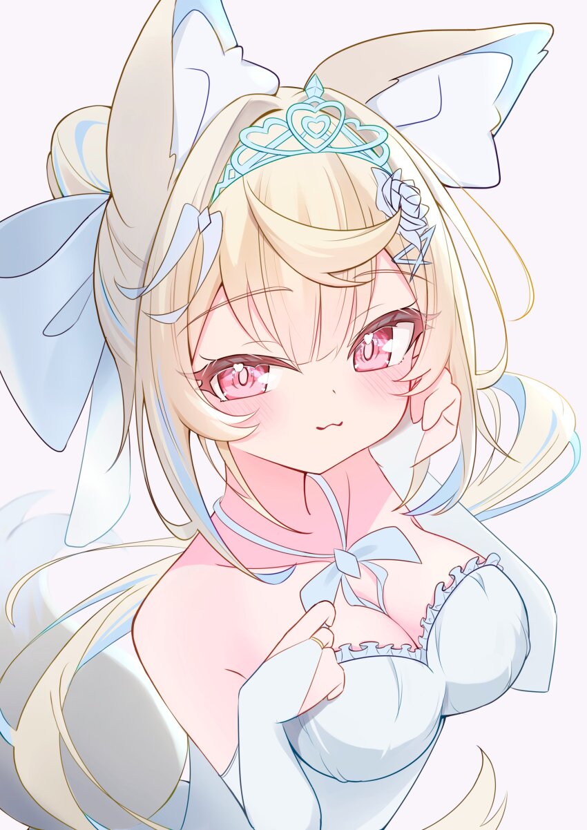 1girl :3 absurdres alternate_costume animal_ears bare_shoulders blonde_hair blue_hair blush breasts bridal_gauntlets cleavage dog_ears dog_girl dog_tail dress fuwawa_abyssgard high_ponytail highres hololive hololive_english howaito_cute large_breasts long_hair looking_at_viewer multicolored_hair pink_eyes ponytail simple_background solo strapless strapless_dress streaked_hair tail two-tone_hair upper_body very_long_hair virtual_youtuber wedding_dress white_background white_bridal_gauntlets white_dress