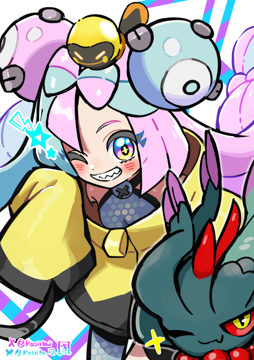 absurdres bow-shaped_hair character_hair_ornament commission fake_hair_bun flutter_mane grey_pantyhose hair_ornament hexagon_print highres iono_(pokemon) jacket kingin multicolored_hair nintendo oversized_clothes pantyhose pixiv_commission pokemon pokemon_sv sharp_teeth single_leg_pantyhose sleeves_past_fingers sleeves_past_wrists split-color_hair tadbulb teeth two-tone_hair very_long_sleeves x yellow_jacket
