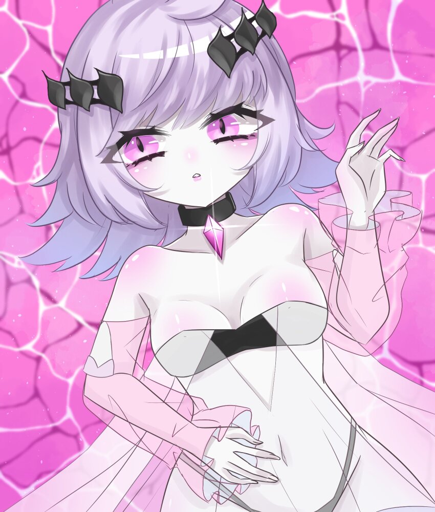 1girl azur_lane bare_shoulders black_choker black_panties breasts choker colored_skin dress enforcer_vi_attraction_(azur_lane) frilled_sleeves frills gem hair_ornament highres looking_at_viewer panties parted_lips pink_eyes purple_hair rosen_madchen see-through_clothes see-through_dress short_hair siren_(azur_lane) small_breasts solo swept_bangs underwear white_skin