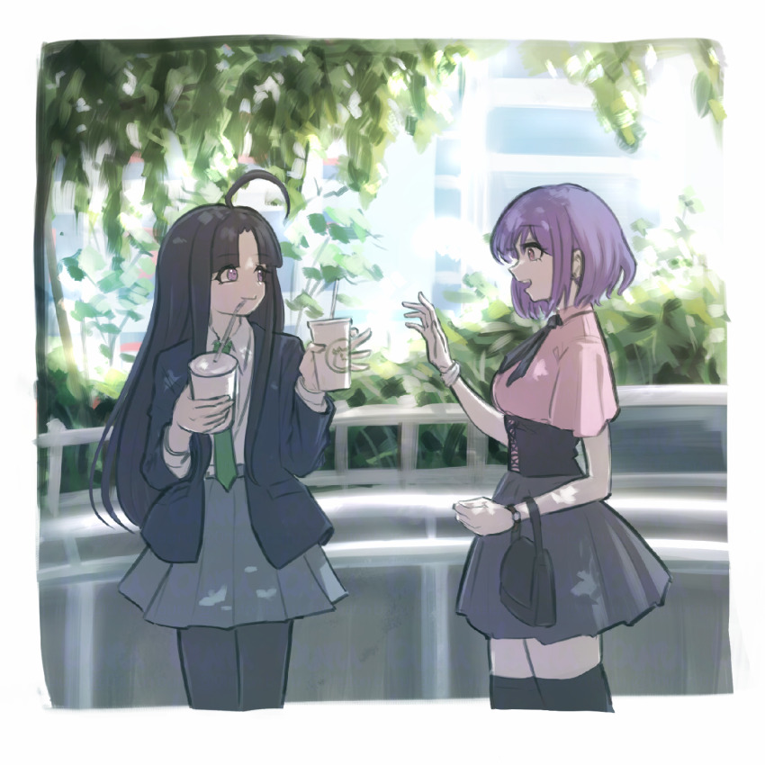 2girls ahoge awa_subaru bang_dream! bang_dream!_it&#039;s_mygo!!!!! black_corset black_hair black_pantyhose border commentary corset crossover cup disposable_cup girls_band_cry green_necktie grey_skirt highres holding holding_cup instrument_connection jirai_kei long_hair long_sleeves multiple_girls necktie open_mouth pantyhose parted_bangs pink_eyes pink_shirt pleated_skirt purple_eyes purple_hair shirt short_hair short_sleeves skirt thighhighs tomare_(akashingou) white_border white_shirt yuutenji_nyamu zettai_ryouiki