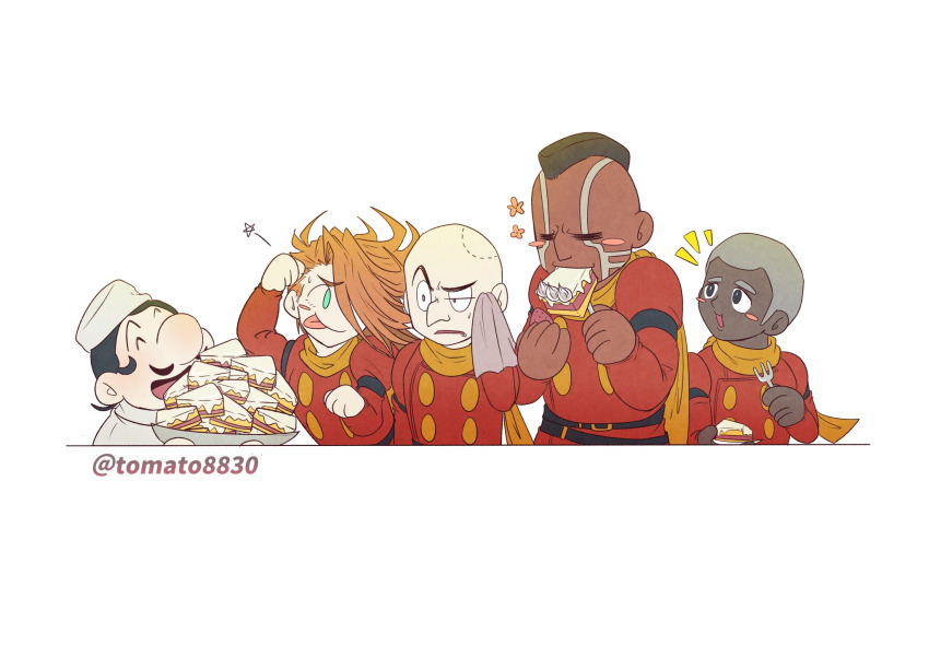 5boys bald belt cake chang_changku cyborg cyborg_009 eating food geronimo_jr great_britain_(cyborg_009) highres jet_link long_hair military_uniform multiple_boys orange_hair pyunma scarf smile tomato8830 white_background yellow_scarf