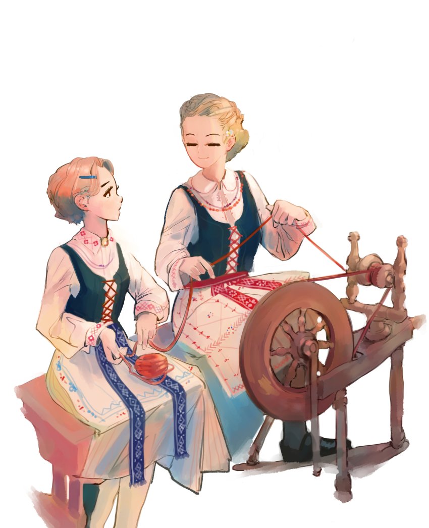 2girls absurdres apron blonde_hair blue_dress blue_vest brown_hair closed_eyes dress gift_art highres multiple_girls original parted_lips polilla simple_background sitting smile spinning_wheel tagme traditional_clothes vest weaving white_apron white_background