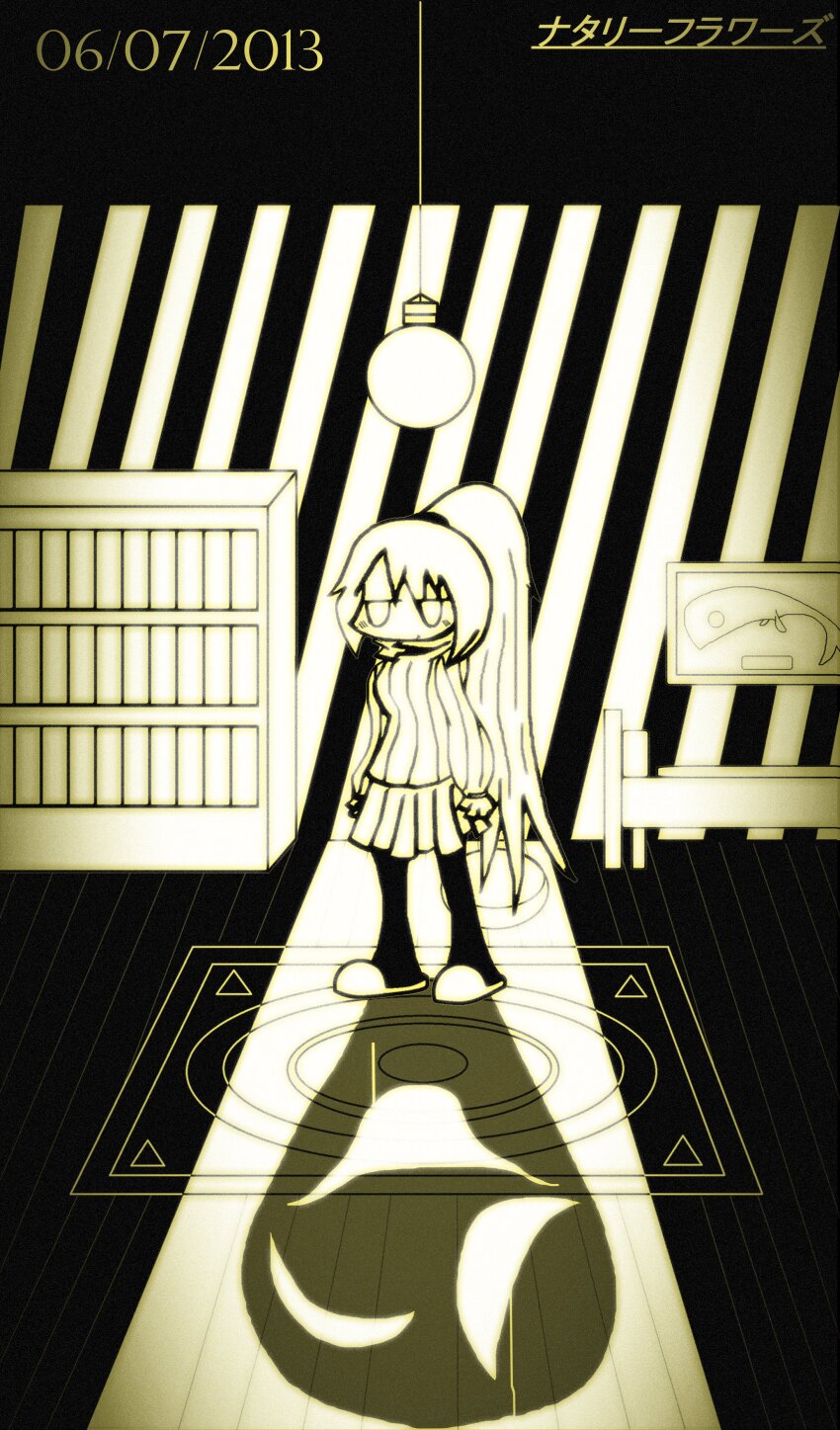 1girl absurdres artist_name bed bookshelf breasts commentary different_shadow full_body greyscale highres light_bulb mat medium_breasts monochrome nataly_flores pantyhose pleated_skirt poniko ribbed_sweater sepia skirt solo sweater tsurime uboa yume_nikki