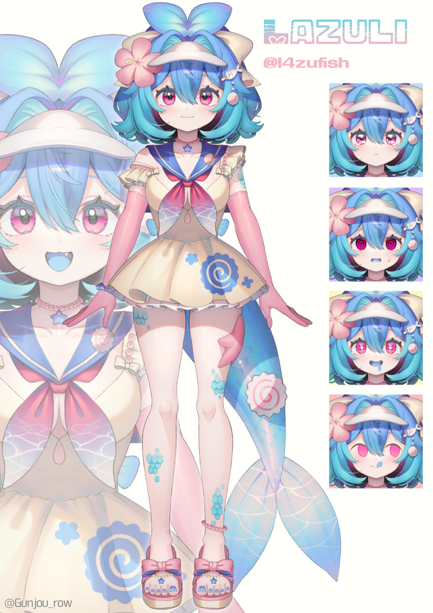 +_+ 1girl :q @_@ blue_hair blue_nails blue_sailor_collar blue_tongue colored_tongue commentary commentary_request dress elbow_gloves english_commentary gloves gradient_hair gunjou_row hair_between_eyes highres indie_virtual_youtuber lazuli_(vtuber) looking_at_viewer mixed-language_commentary multicolored_hair multiple_expressions nail_polish neckerchief open_mouth pink_eyes pink_gloves pink_shoes red_neckerchief sailor_collar sailor_dress sandals scales shoes short_hair simple_background smile solo starfish tail tearing_up toenail_polish toenails tongue tongue_out twitter_username virtual_youtuber visor_cap white_background yellow_dress zoom_layer