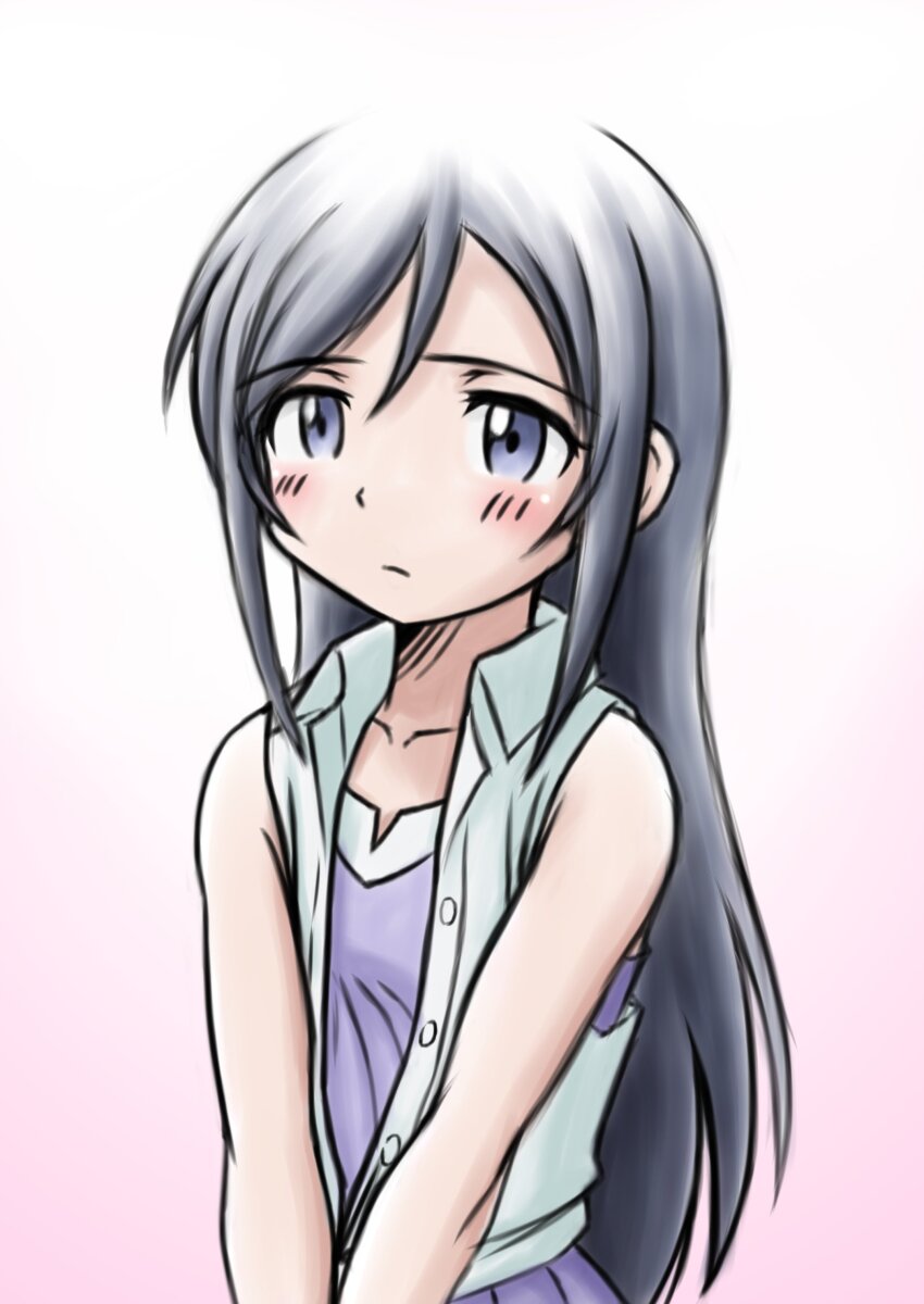 1girl absurdres aragaki_ayase black_eyes black_hair casual commentary_request dress frown gradient_background highres long_hair ore_no_imouto_ga_konna_ni_kawaii_wake_ga_nai pink_background purple_dress sakaki_youma solo upper_body vest white_vest