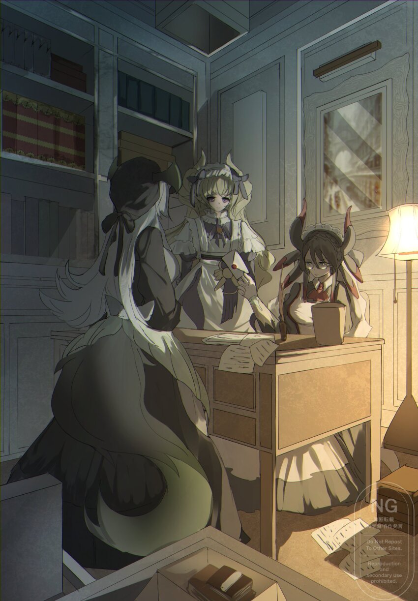 3girls bookshelf chamber_dragonmaid collar dragon_girl dragon_tail dress duel_monster frilled_dress frills glasses highres house_dragonmaid lady&#039;s_dragonmaid lamp letter long_hair maid maid_headdress multiple_girls night paper perspective ribbon sitting standing table tail uragawai yu-gi-oh!