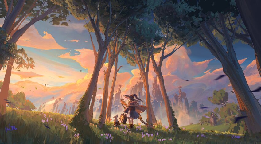 1girl belt blue_dress blue_sky boots braided_twintails broken_statue broom brown_cloak brown_hair cloak cloud dappled_sunlight dress facing_away falling_leaves floating_rock flower frilled_dress frills glasses gradient_sky grass grasslands hair_over_shoulder hat hat_belt hat_ornament highres holding holding_broom holding_suitcase leaf long_hair looking_to_the_side mechanical_broom merlimambrosuis moss original outdoors pink_flower profile rabbit red_belt ruins scenery sidelocks skirt sky star_(symbol) star_hat_ornament statue suitcase sunlight sunrise tower tree white_skirt witch witch_hat