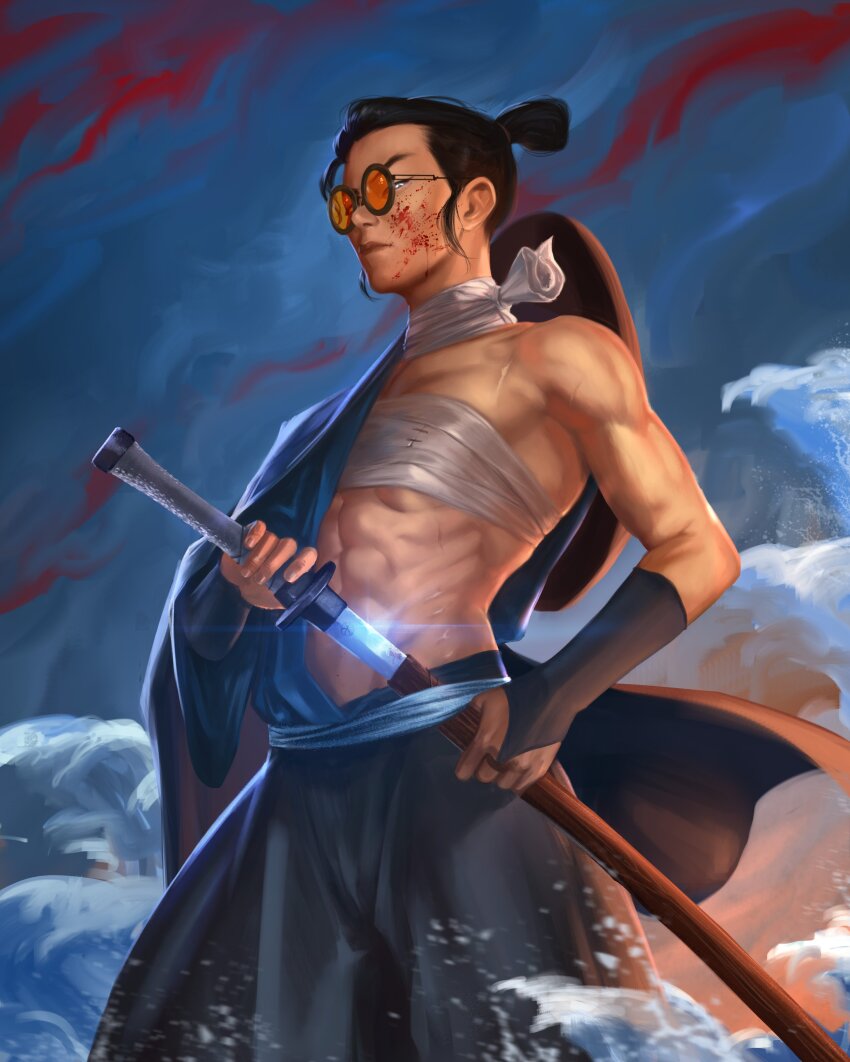 1girl absurdres black_hair blue_eye_samurai blue_eyes caio_santos fighting_stance highres holding holding_weapon japanese_clothes katana kimono looking_at_viewer mizu_(blue_eye_samurai) orange-framed_eyewear orange-tinted_eyewear ponytail ready_to_draw samurai sarashi sheath solo sunglasses sword tagme tinted_eyewear weapon