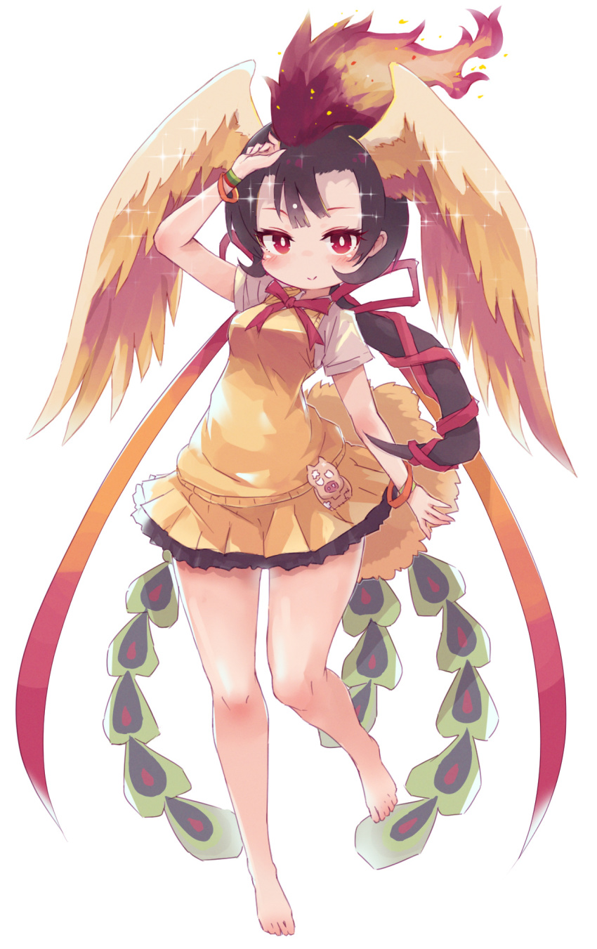 bare_legs barefoot bird_girl bird_tail bird_wings black_hair blush bow bowtie commentary_request fiery_hair frilled_skirt frills hair_ribbon hi_no_tori_(kemono_friends) highres kemono_friends kolshica long_hair looking_at_viewer multicolored_hair pleated_skirt ponytail red_bow red_bowtie red_eyes red_hair red_ribbon ribbon shirt short_sleeves skirt t-shirt tail vest white_shirt wings yellow_skirt yellow_vest