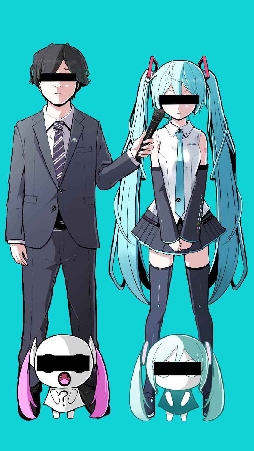 1boy 3girls ? absurdres aimaina tokumei_m_(vocaloid) aqua_background aqua_hair aqua_necktie aqua_shirt aqua_theme arufa_faru badge bar_censor bare_shoulders black_hair black_lips black_skirt black_sleeves black_thighhighs censored censored_identity commentary creature detached_sleeves doushite-chan dress_pants expressionless facing_viewer fangs formal_clothes full_body hair_ornament hatsune_miku hatsune_miku_(vocaloid4) headphones headset highres holding holding_microphone interview jacket long_hair microphone miniskirt multiple_girls necktie no_mouth official_art open_mouth own_hands_together pink_hair pinocchio-p pleated_skirt shirt shoulder_tattoo skirt sleeveless sleeveless_shirt standing straight-on striped_necktie suit suit_jacket tattoo thighhighs tokumei_m_(vocaloid) twintails v4x very_long_hair vocaloid white_shirt zettai_ryouiki