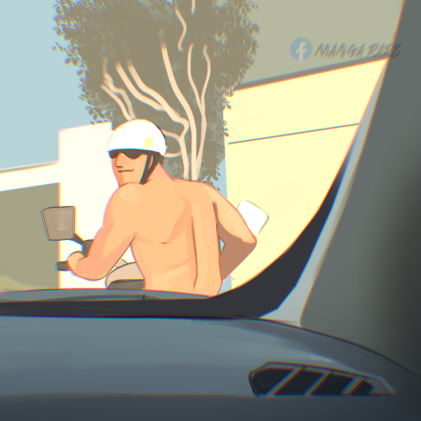 1boy commentary day facebook_logo facebook_username helmet highres looking_at_viewer looking_back male_focus motor_vehicle motorcycle on_motorcycle original riding side-view_mirror solo spanish_commentary sunglasses takedart topless_male tree white_helmet