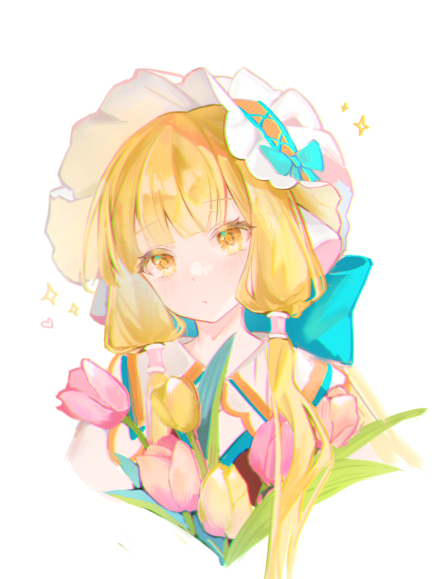 1girl :/ alternate_costume blonde_hair blue_ribbon bonnet chii chobits collared_shirt commentary_request cropped_shoulders expressionless flower head_tilt heart highres leaf long_hair pink_flower pink_tulip portrait ribbon robot_ears shirt sidelocks simple_background solo sparkle tulip white_background yellow_eyes yellow_flower yellow_tulip zhongji_yaoguai