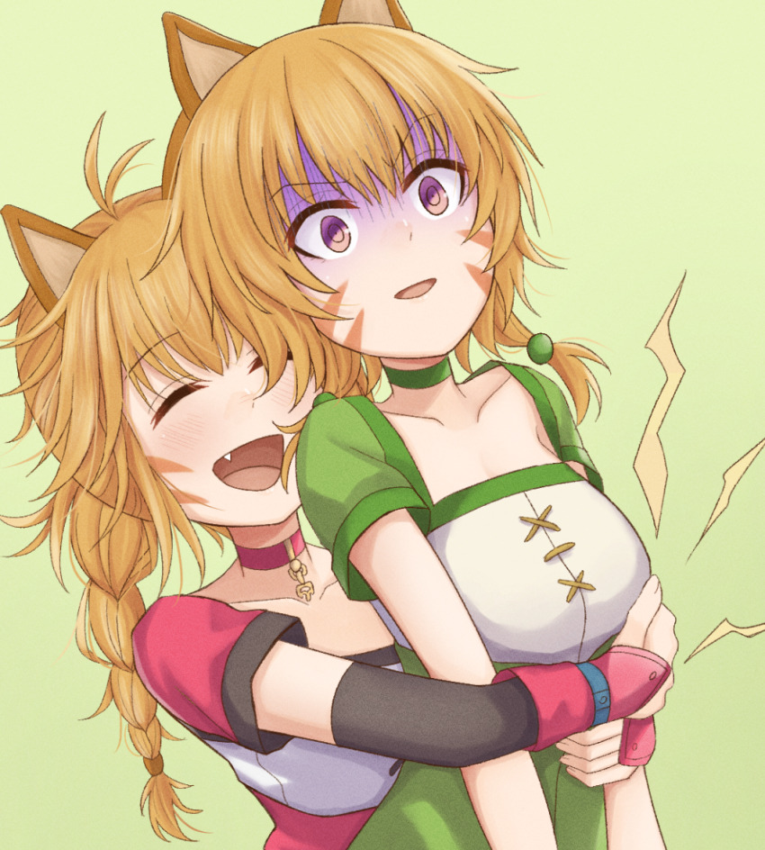 2girls animal_ears atorie braid cat cat_ears cat_girl closed_eyes collar commission commissioner_upload facepaint facial_mark fang fire_emblem fire_emblem:_path_of_radiance fire_emblem:_radiant_dawn green_background happy hug hug_from_behind lethe_(fire_emblem) lyre_(fire_emblem) multiple_girls nintendo orange_hair pain siblings simple_background sisters squeezing surprised twins whisker_markings