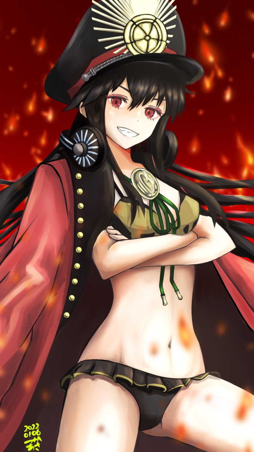 1girl 2022 absurdres bikini black_bikini black_coat black_hair black_hat breasts coat commentary_request crossed_arms dated fang fate/grand_order fate_(series) hair_between_eyes hat hat_ornament highres long_hair looking_at_viewer multicolored_bikini multicolored_coat navel oda_nobunaga_(fate) oda_nobunaga_(swimsuit_berserker)_(fate) oda_nobunaga_(swimsuit_berserker)_(second_ascension)_(fate) oda_uri red_background red_coat red_eyes smile solo swimsuit tsukaasa two-tone_bikini two-tone_coat yellow_bikini