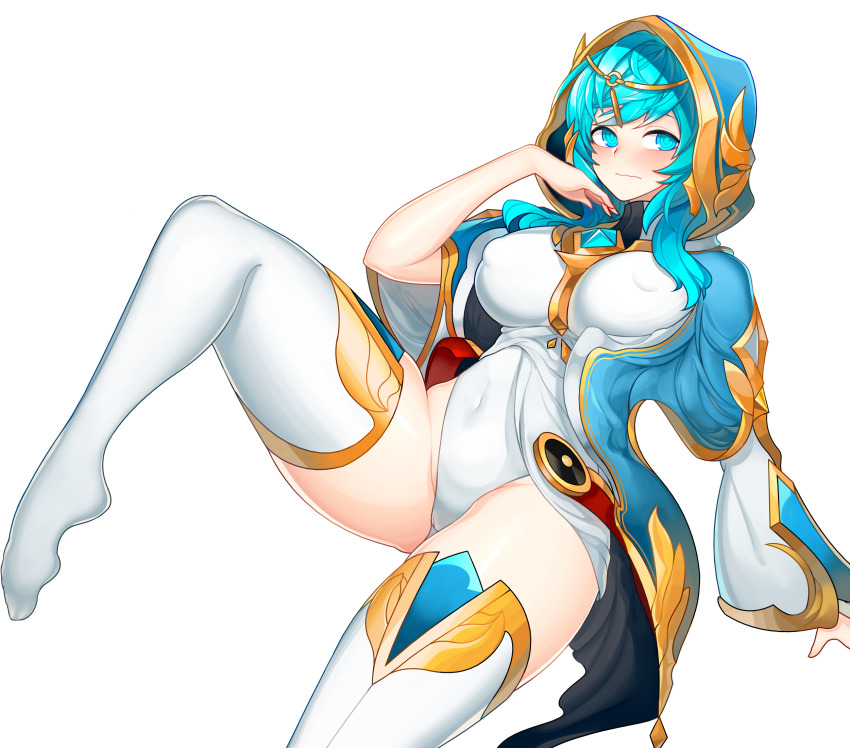 1girl 3gs aqua_eyes aqua_hair blush breasts cloak elsword covered_erect_nipples frown gem hair_ornament highres hood hooded_cloak large_breasts leotard long_sleeves navel nipples priestess sasha_(elsword) thighhighs thighs
