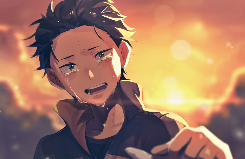 1boy bad_id bad_pixiv_id black_hair crying crying_with_eyes_open d: hair_slicked_back hand_up harusabin male_focus natsuki_subaru open_mouth re:zero_kara_hajimeru_isekai_seikatsu solo solo_focus sunset tears track_suit